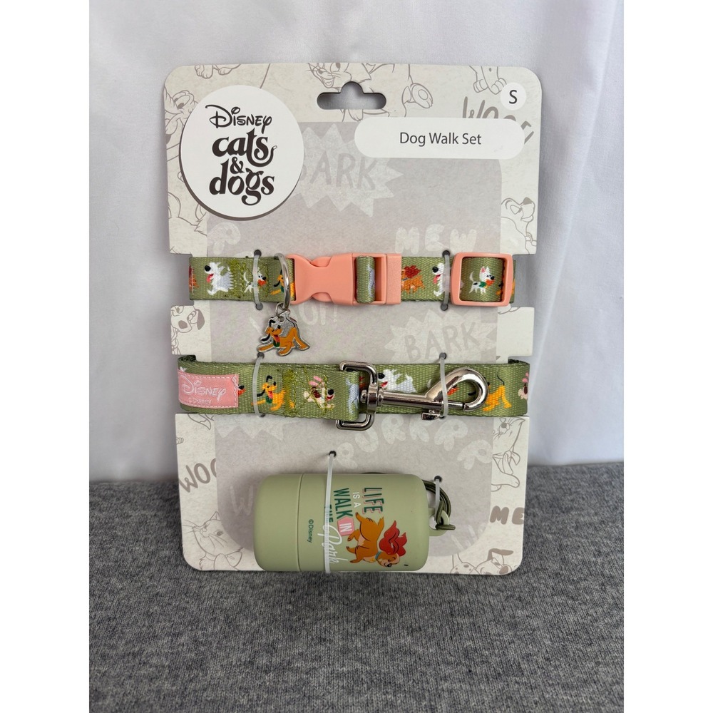 Disney Cats & Dogs Dog Walk Set Small Collar Leash Waste Bag Dispenser Green New